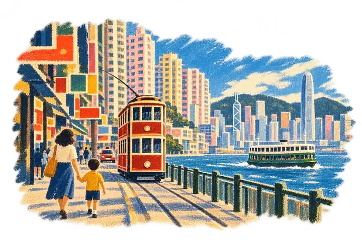 A painted Hong Kong street with a tram and the harbour behind