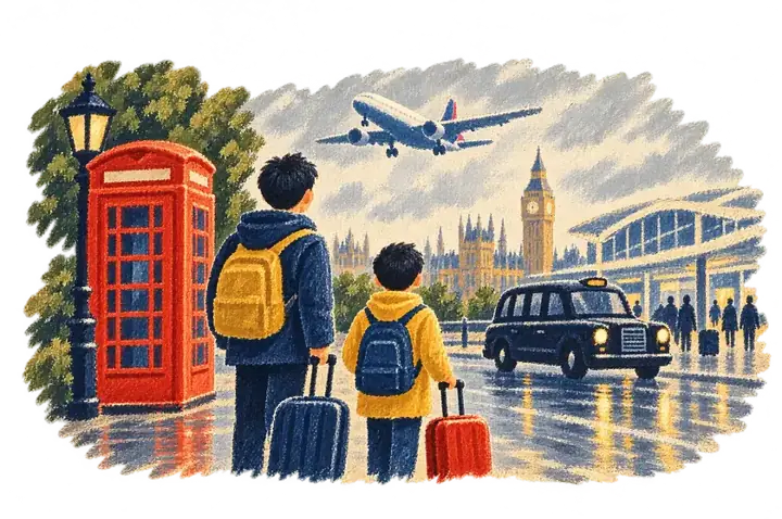 A boy and his little brother arriving in London in the rain with suitcases