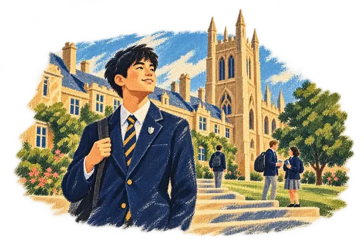 A schoolboy in uniform in front of an old school building