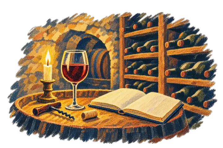 A glass of red wine by candlelight on a barrel in a wine cellar