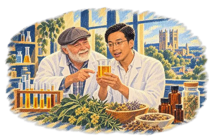 The young man and Professor Paul Chazot working together in a university lab