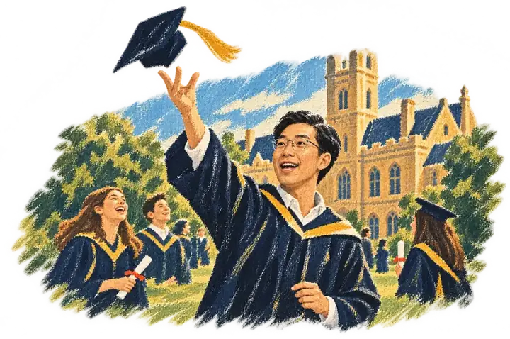 The young man in a graduation gown in front of the cathedral