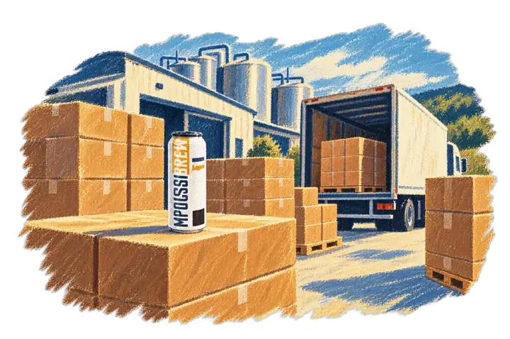 Pallets of IMPOSSIBREW cases by a lorry at a brewery loading bay