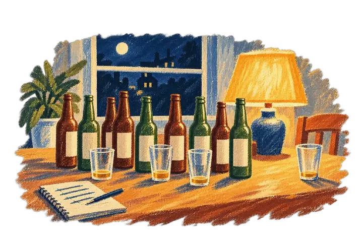 A row of plain alcohol-free beers and half-drunk glasses on a kitchen table at night